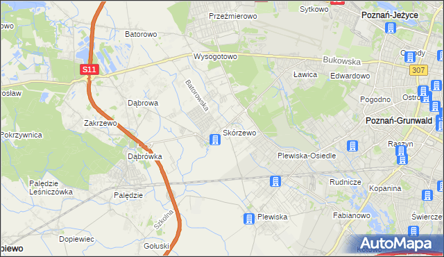 mapa Skórzewo gmina Dopiewo, Skórzewo gmina Dopiewo na mapie Targeo