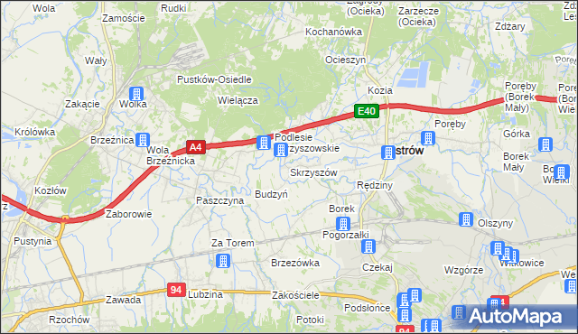 mapa Skrzyszów gmina Ostrów, Skrzyszów gmina Ostrów na mapie Targeo