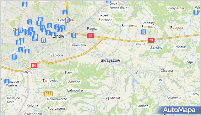 mapa Skrzyszów powiat tarnowski, Skrzyszów powiat tarnowski na mapie Targeo