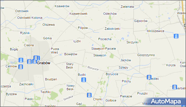 mapa Sławęcin gmina Grabów, Sławęcin gmina Grabów na mapie Targeo