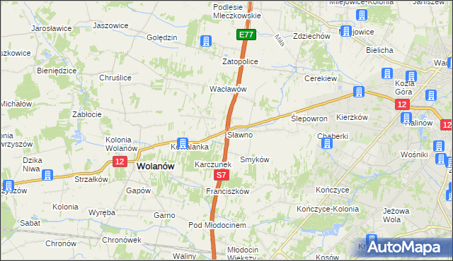 mapa Sławno gmina Wolanów, Sławno gmina Wolanów na mapie Targeo