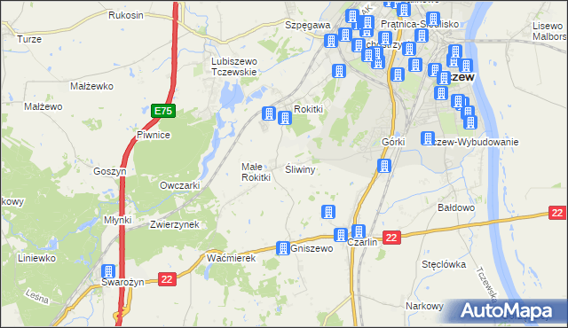 mapa Śliwiny gmina Tczew, Śliwiny gmina Tczew na mapie Targeo