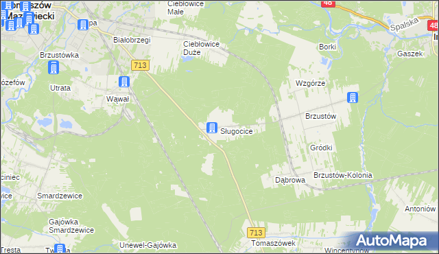 mapa Sługocice gmina Tomaszów Mazowiecki, Sługocice gmina Tomaszów Mazowiecki na mapie Targeo