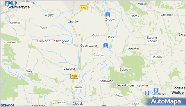 mapa Śmiłów gmina Nowe Skalmierzyce, Śmiłów gmina Nowe Skalmierzyce na mapie Targeo