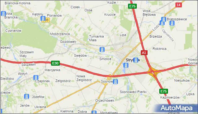 mapa Smolice gmina Stryków, Smolice gmina Stryków na mapie Targeo