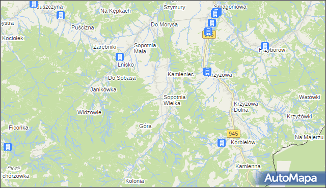 mapa Sopotnia Wielka, Sopotnia Wielka na mapie Targeo