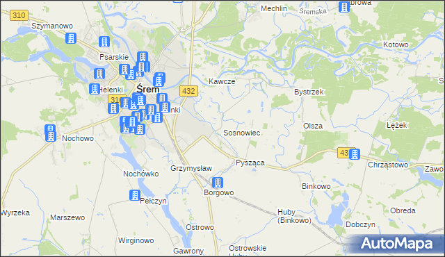 mapa Sosnowiec gmina Śrem, Sosnowiec gmina Śrem na mapie Targeo