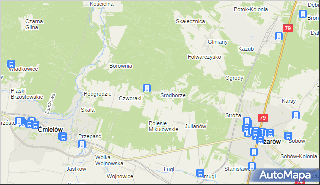 mapa Śródborze gmina Ożarów, Śródborze gmina Ożarów na mapie Targeo