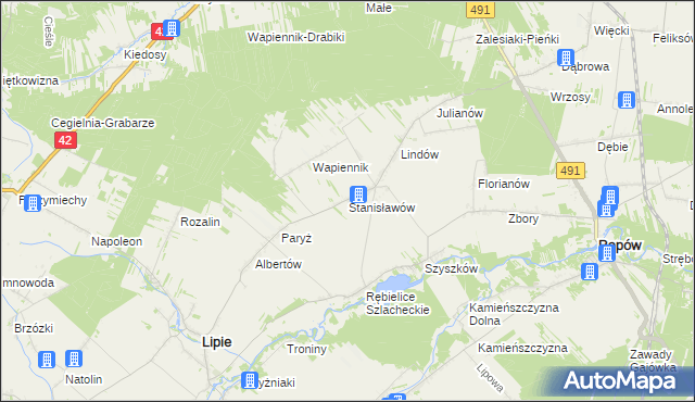 mapa Stanisławów gmina Lipie, Stanisławów gmina Lipie na mapie Targeo