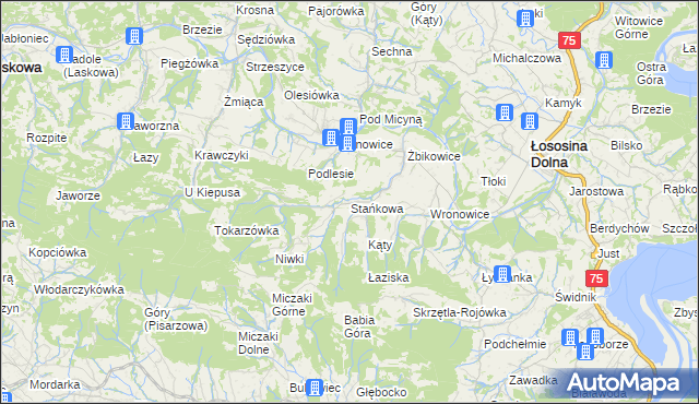 mapa Stańkowa gmina Łososina Dolna, Stańkowa gmina Łososina Dolna na mapie Targeo