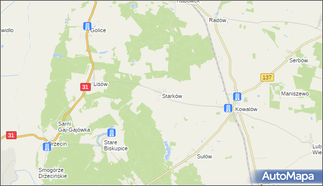 mapa Starków gmina Rzepin, Starków gmina Rzepin na mapie Targeo