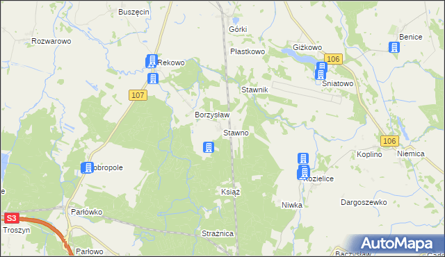 mapa Stawno gmina Kamień Pomorski, Stawno gmina Kamień Pomorski na mapie Targeo