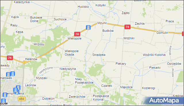 mapa Stradzew gmina Wola Krzysztoporska, Stradzew gmina Wola Krzysztoporska na mapie Targeo