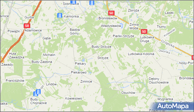 mapa Strzyże gmina Mszczonów, Strzyże gmina Mszczonów na mapie Targeo