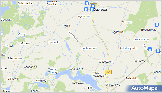 mapa Sucharzewo gmina Dąbrowa, Sucharzewo gmina Dąbrowa na mapie Targeo