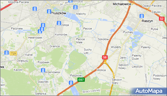 mapa Suchy Las gmina Michałowice, Suchy Las gmina Michałowice na mapie Targeo