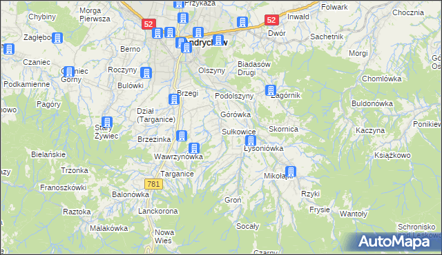 mapa Sułkowice gmina Andrychów, Sułkowice gmina Andrychów na mapie Targeo