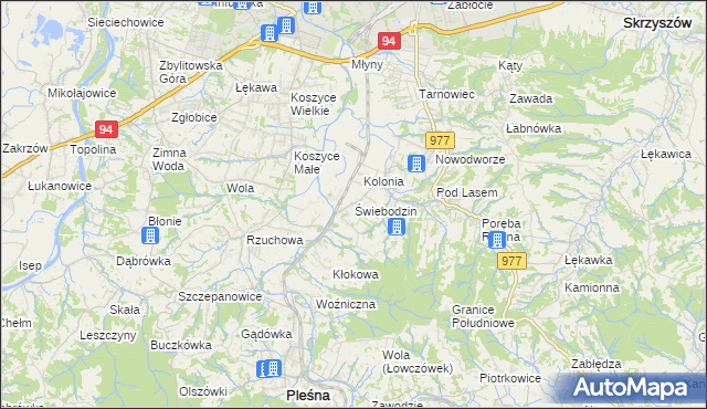 mapa Świebodzin gmina Pleśna, Świebodzin gmina Pleśna na mapie Targeo