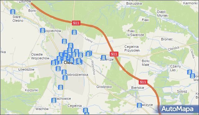 mapa Świercze gmina Olesno, Świercze gmina Olesno na mapie Targeo