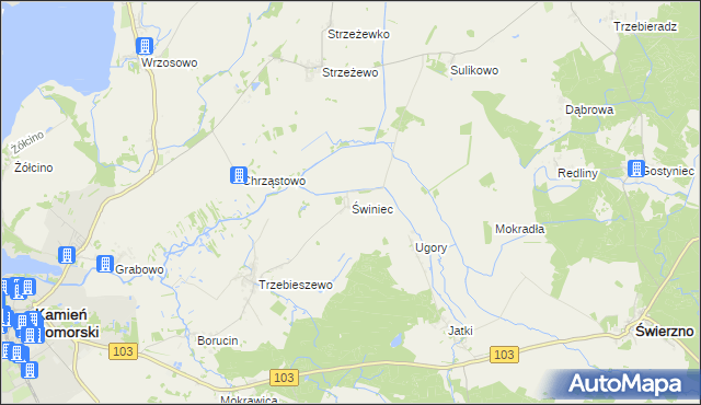 mapa Świniec gmina Kamień Pomorski, Świniec gmina Kamień Pomorski na mapie Targeo