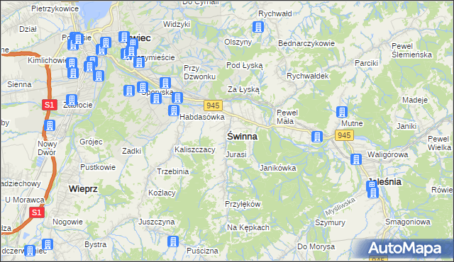 mapa Świnna powiat żywiecki, Świnna powiat żywiecki na mapie Targeo