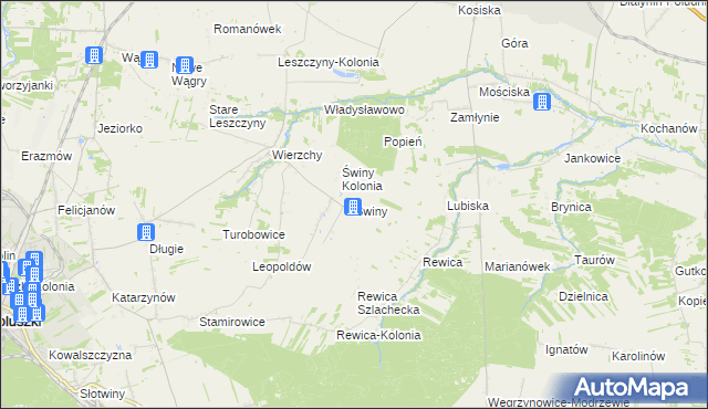 mapa Świny gmina Koluszki, Świny gmina Koluszki na mapie Targeo
