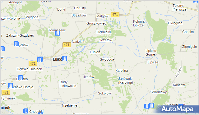 mapa Swoboda gmina Lisków, Swoboda gmina Lisków na mapie Targeo