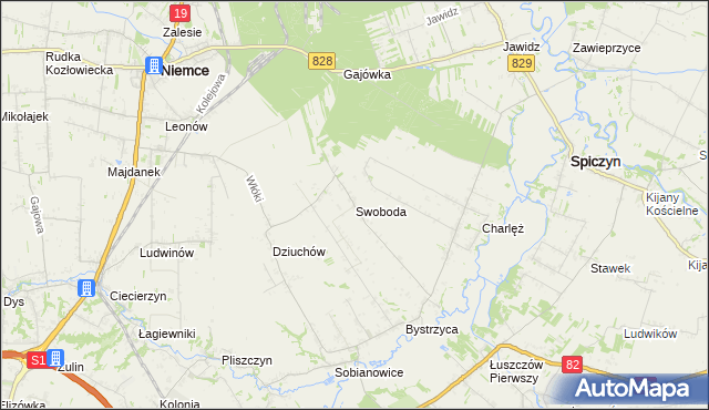 mapa Swoboda gmina Niemce, Swoboda gmina Niemce na mapie Targeo