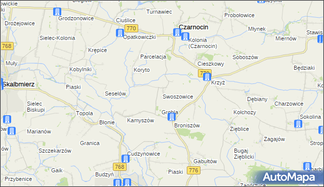 mapa Swoszowice gmina Czarnocin, Swoszowice gmina Czarnocin na mapie Targeo