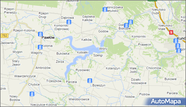 mapa Szeligi gmina Pawłów, Szeligi gmina Pawłów na mapie Targeo