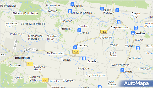 mapa Szerzawy gmina Pawłów, Szerzawy gmina Pawłów na mapie Targeo