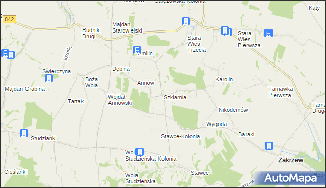 mapa Szklarnia gmina Zakrzew, Szklarnia gmina Zakrzew na mapie Targeo