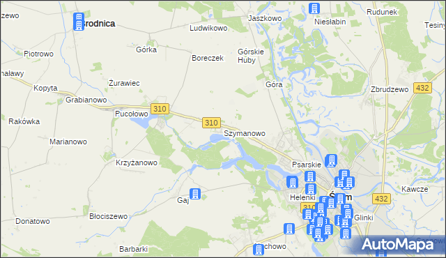 mapa Szymanowo gmina Śrem, Szymanowo gmina Śrem na mapie Targeo