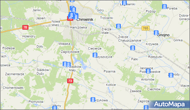 mapa Szyszczyce gmina Chmielnik, Szyszczyce gmina Chmielnik na mapie Targeo