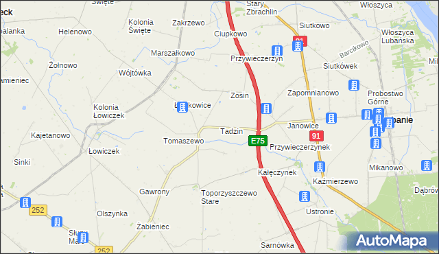 mapa Tadzin gmina Lubanie, Tadzin gmina Lubanie na mapie Targeo