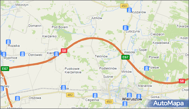 mapa Teklinów gmina Wieruszów, Teklinów gmina Wieruszów na mapie Targeo