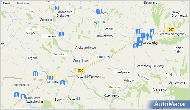 mapa Teodorowo gmina Staroźreby, Teodorowo gmina Staroźreby na mapie Targeo