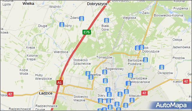 mapa Tomaszów gmina Ładzice, Tomaszów gmina Ładzice na mapie Targeo