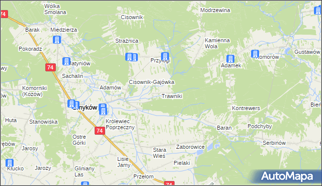 mapa Trawniki gmina Smyków, Trawniki gmina Smyków na mapie Targeo