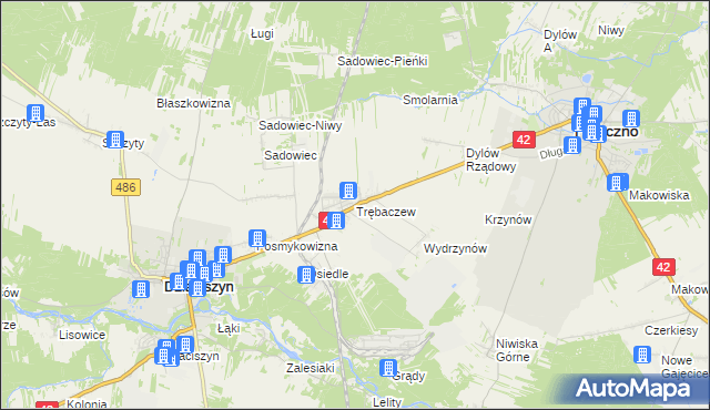 mapa Trębaczew gmina Działoszyn, Trębaczew gmina Działoszyn na mapie Targeo