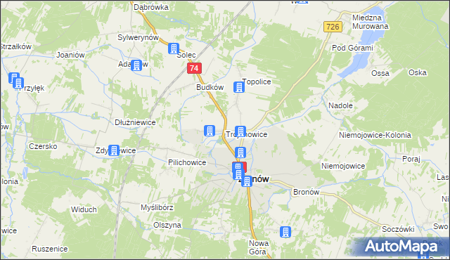 mapa Trojanowice gmina Żarnów, Trojanowice gmina Żarnów na mapie Targeo