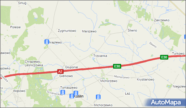 mapa Trzcianka gmina Kuślin, Trzcianka gmina Kuślin na mapie Targeo