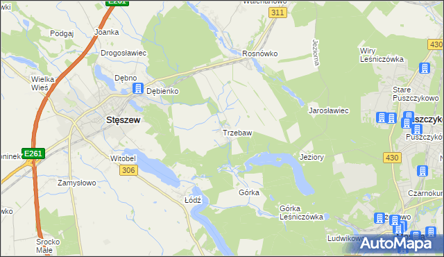 mapa Trzebaw gmina Stęszew, Trzebaw gmina Stęszew na mapie Targeo