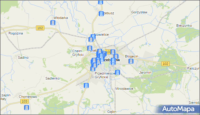 mapa Trzebiatów powiat gryficki, Trzebiatów powiat gryficki na mapie Targeo