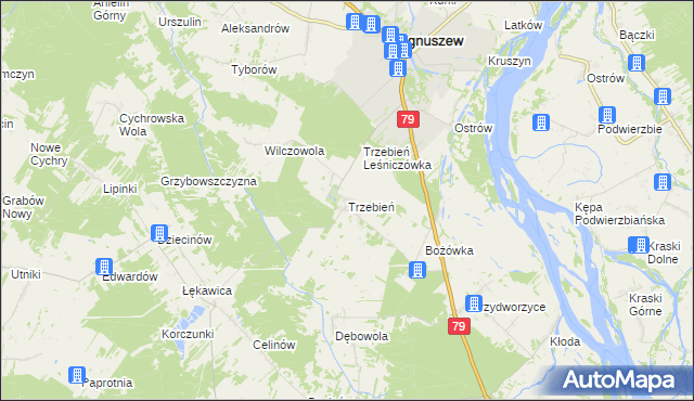 mapa Trzebień gmina Magnuszew, Trzebień gmina Magnuszew na mapie Targeo