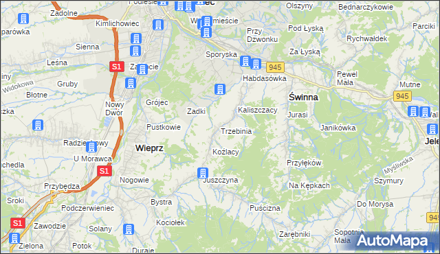mapa Trzebinia gmina Świnna, Trzebinia gmina Świnna na mapie Targeo