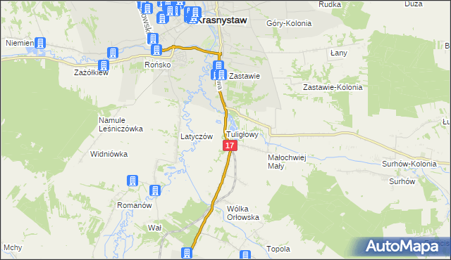 mapa Tuligłowy gmina Krasnystaw, Tuligłowy gmina Krasnystaw na mapie Targeo