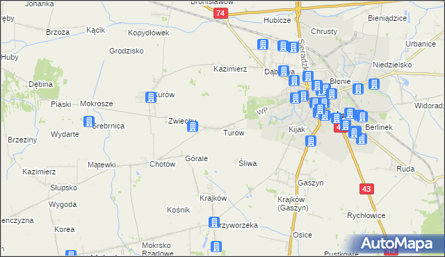 mapa Turów gmina Wieluń, Turów gmina Wieluń na mapie Targeo