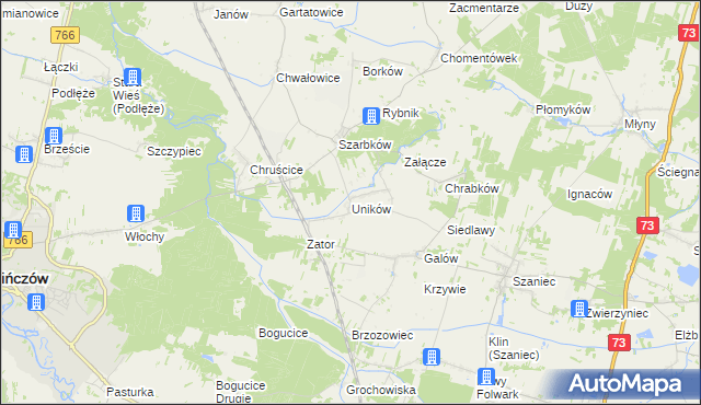 mapa Uników gmina Pińczów, Uników gmina Pińczów na mapie Targeo