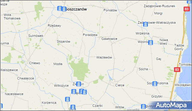 mapa Wacławów gmina Goszczanów, Wacławów gmina Goszczanów na mapie Targeo